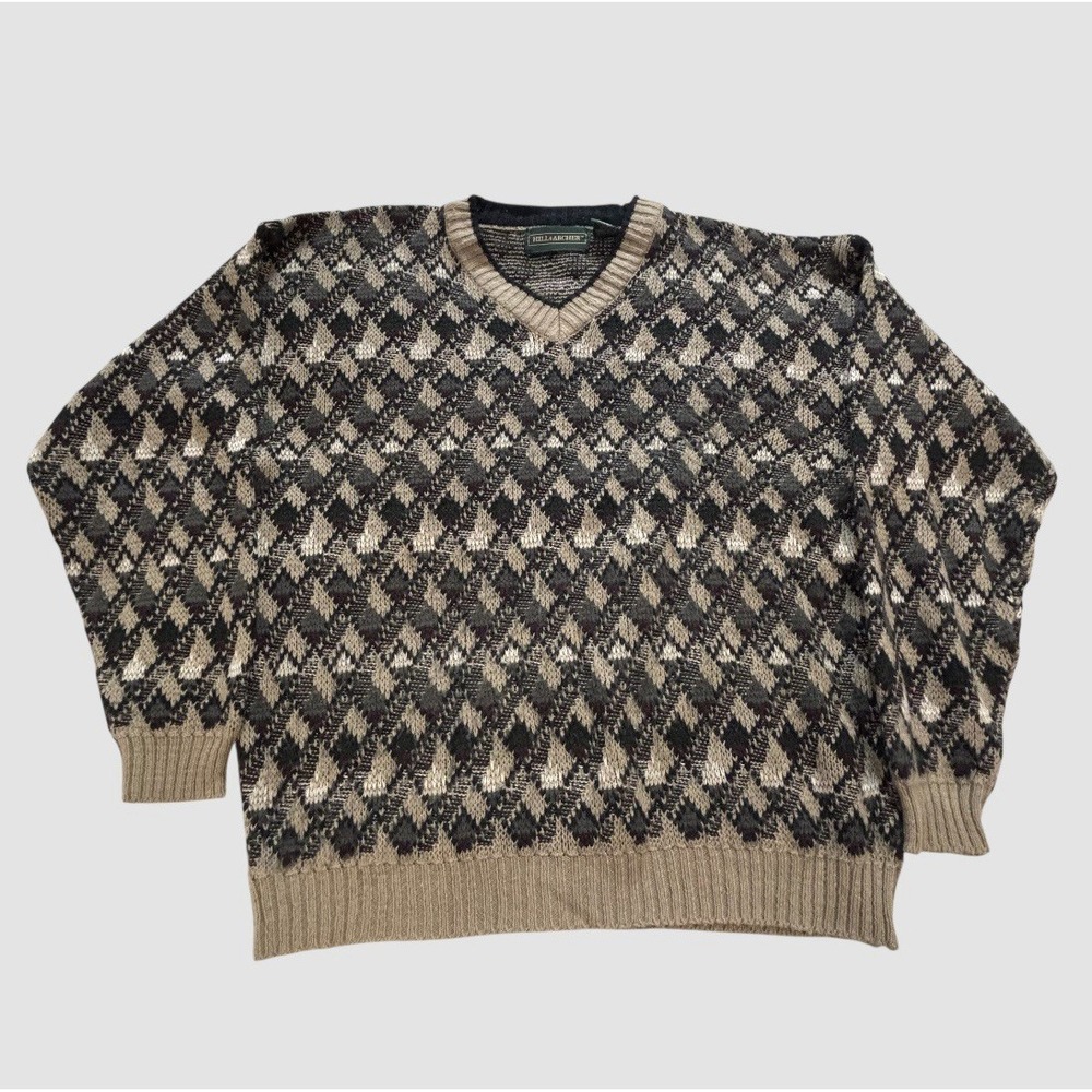Vintage 90s Hill And Archer V-Neck Sweater Diamond Print Men's Medium